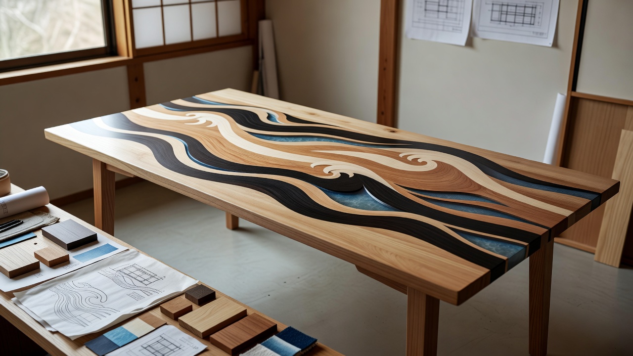 波紋の木象嵌が施されたオーダーメイドのテーブル、天板に寄木で描かれた波模様