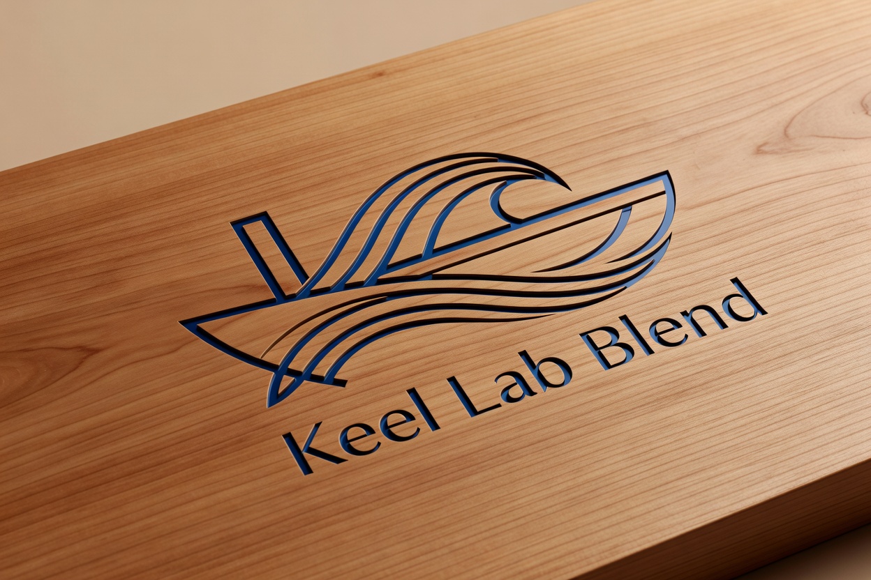 木材に刻まれた Keel Lab Blend のロゴマーク
