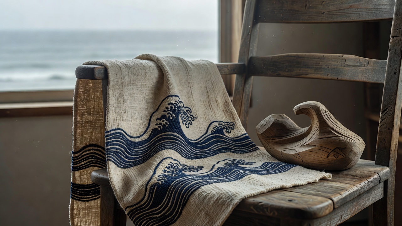 波模様の刺繍が施された帆布スクリーン Sailcloth Screen